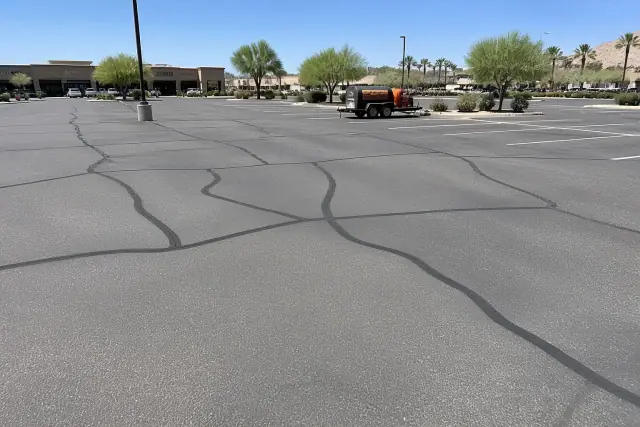 Freshly crack-sealed asphalt parking lot with dark rubberized sealant in Scottsdale, AZ.