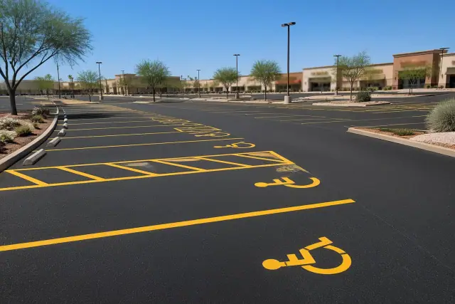 Freshly paved parking lot with bright yellow striping and handicap markings in Mesa, AZ.