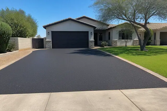 Freshly paved asphalt driveway at a residential home in Scottsdale, AZ.