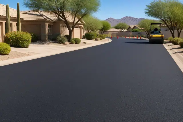 Freshly paved asphalt parking lot with new white parking stripes at an apartment complex in Phoenix, AZ.