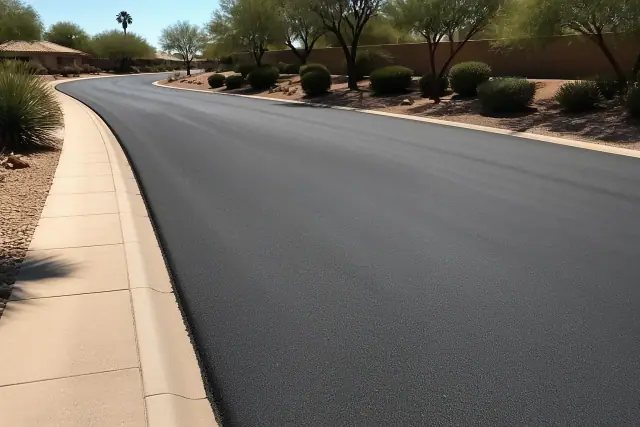 Freshly paved asphalt road with concrete curbs in a residential neighborhood in Peoria, AZ.