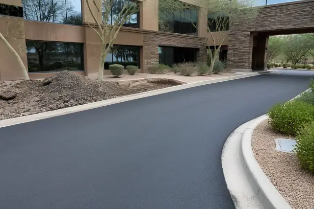 Freshly paved asphalt drive aisle at an office complex in Ahwatukee, AZ.