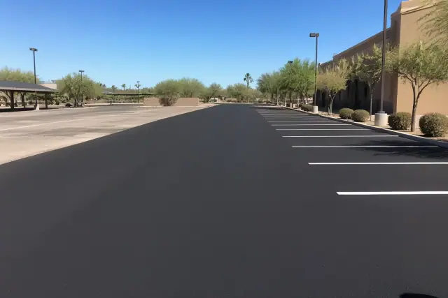 Freshly applied black asphalt sealcoating on a retail parking lot in Glendale, AZ.