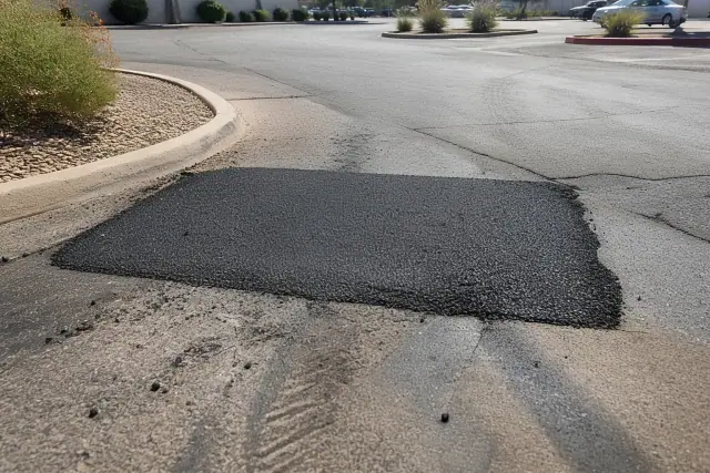 Newly patched asphalt pothole in a commercial parking lot under bright sun in Ahwatukee, AZ.