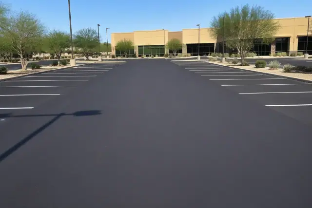 Freshly sealed asphalt cracks in a retail parking lot in Chandler, AZ.