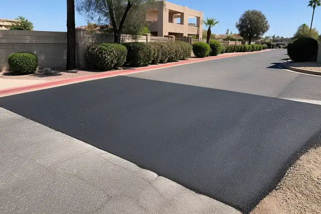 A freshly paved asphalt patch on a quiet suburban road in Tempe, AZ.