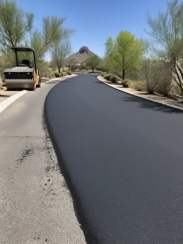Newly paved black asphalt road with a steel drum roller parked on the side in Scottsdale, AZ.