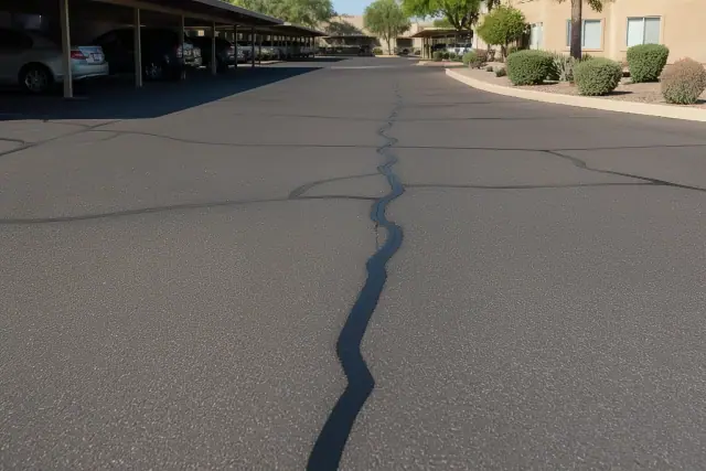 Freshly sealed asphalt cracks on a parking lot surface in Scottsdale, AZ.