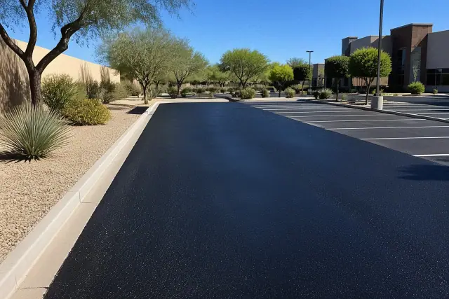 Newly paved asphalt driveway with fresh sealcoating in a commercial parking lot in Scottsdale, AZ.