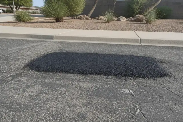 Freshly repaired asphalt pothole on a suburban street edge in Tempe, AZ.