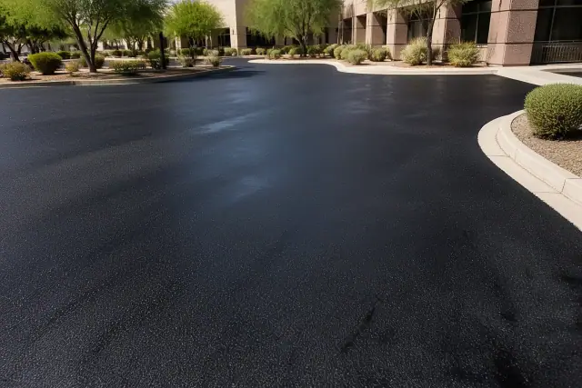 Freshly paved asphalt driveway in an office park with concrete curbing in Scottsdale, AZ.