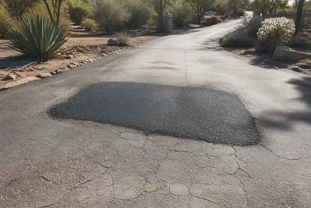 A freshly patched dark asphalt pothole on a sun-baked residential driveway in Scottsdale, AZ.