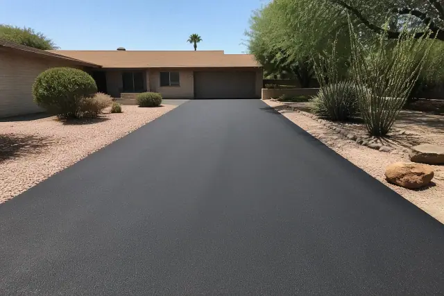 Freshly paved asphalt driveway leading to a ranch-style house in Mesa, AZ.