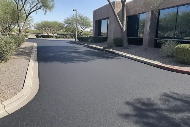 Newly paved asphalt driveway at a commercial office complex in Chandler, AZ.