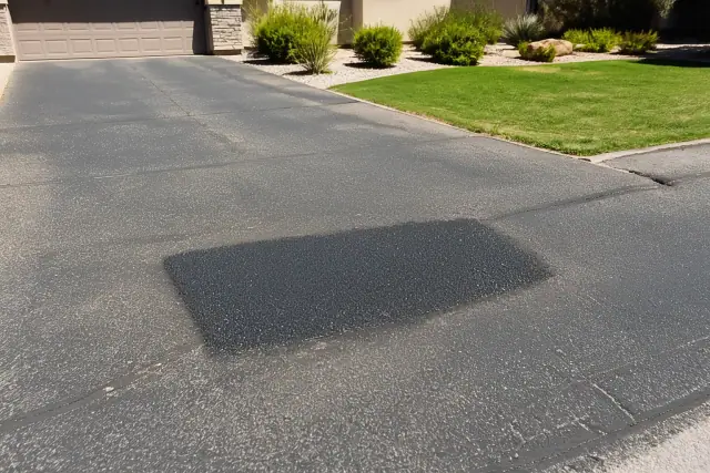 Freshly repaired asphalt patch on a residential driveway in Scottsdale, AZ.
