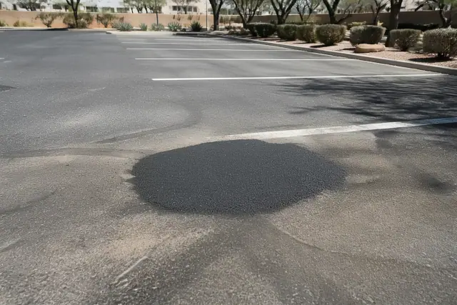 Freshly patched asphalt pothole in a commercial parking lot in Scottsdale, AZ.
