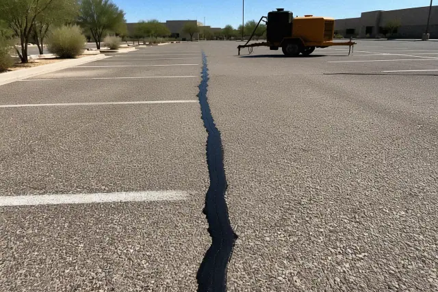 Freshly applied black asphalt crack sealant on a commercial parking lot in Scottsdale, AZ.