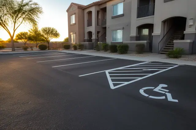 Freshly painted parking lot lines and handicap symbol at an apartment complex in Scottsdale, AZ during golden hour.
