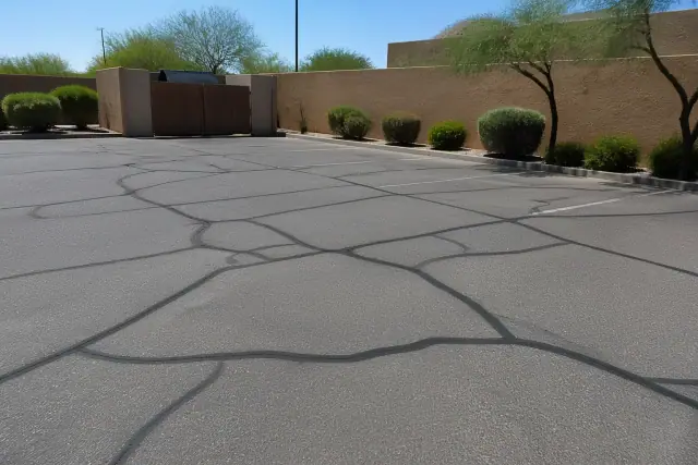 Asphalt crack sealing on a parking lot at a restaurant in Scottsdale, AZ.