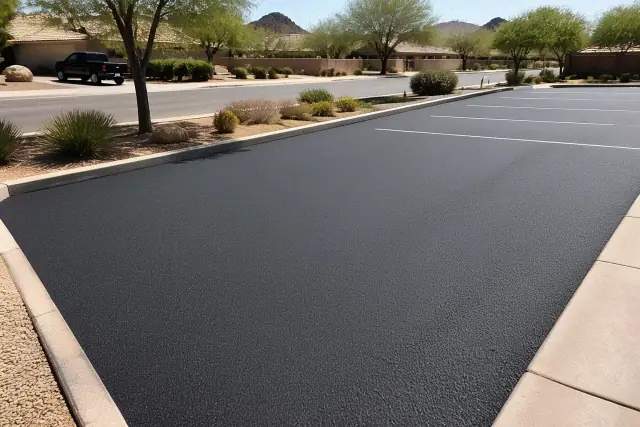 Freshly paved asphalt parking lot on a sunny neighborhood street in Scottsdale, AZ.