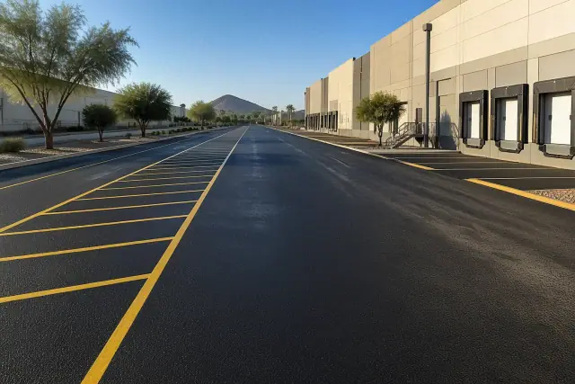 Freshly paved asphalt loading drive with crisp yellow parking lines at a warehouse in Tempe, AZ.