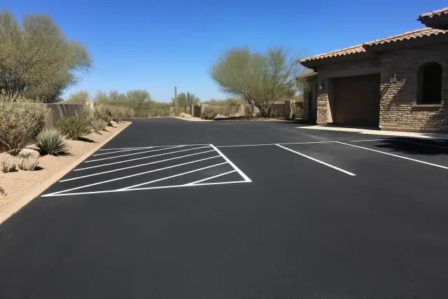 Freshly paved asphalt driveway with new white parking stripes at a desert home in Chandler, AZ.