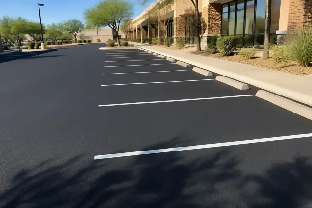 Freshly paved asphalt parking lot with clean painted lines at a retail center in Tempe, AZ.
