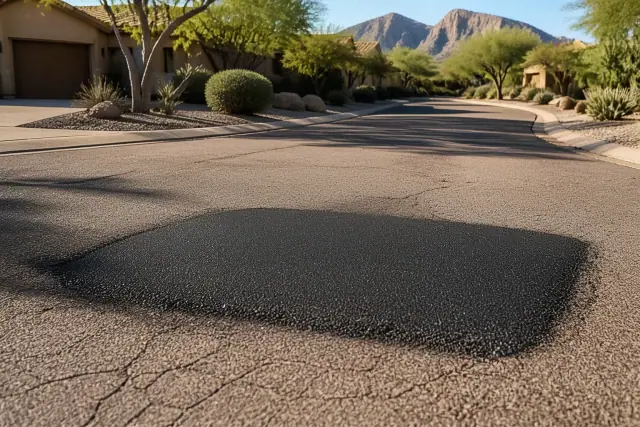 Freshly repaired asphalt pothole patch on a residential street in Scottsdale, AZ.