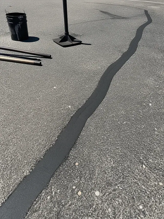 Fresh crack sealing on a weathered asphalt parking lot in Scottsdale, AZ.