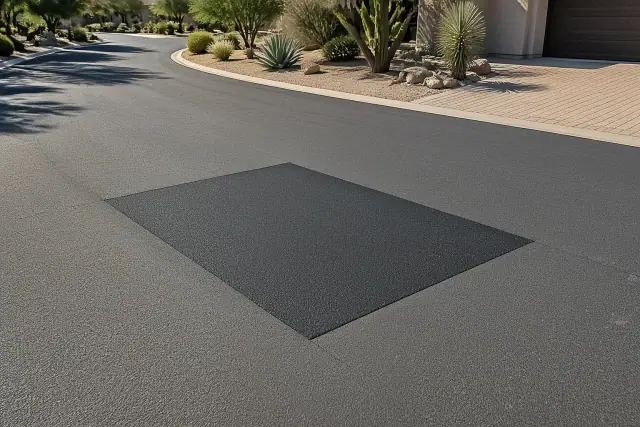 Freshly paved asphalt patch on a quiet residential road in Scottsdale, AZ.