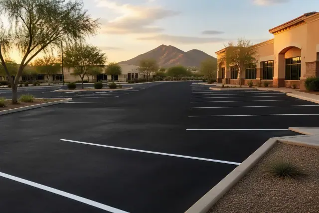 Freshly paved and striped asphalt parking lot in Glendale, AZ at golden hour.
