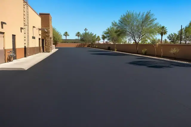Freshly sealcoated asphalt parking lot behind a restaurant in Scottsdale, AZ.