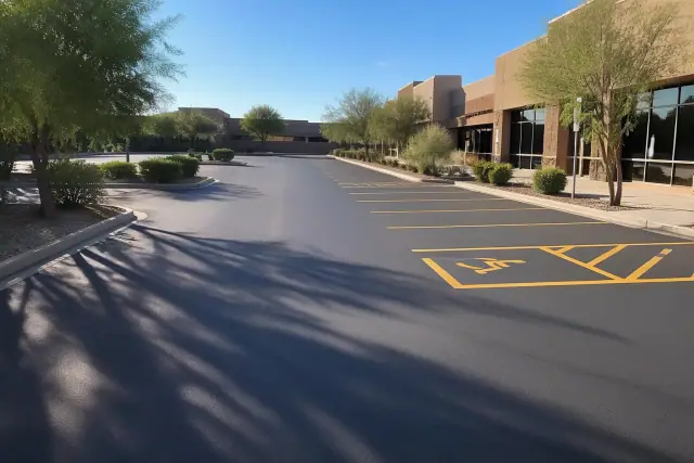 Freshly paved and striped asphalt drive aisle with yellow parking lines at an office building in Queen Creek, AZ.