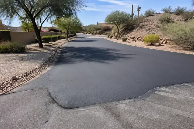 Freshly paved asphalt repair on a residential street in Scottsdale, AZ.