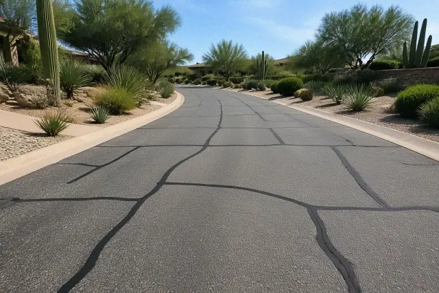 Freshly sealed cracks with dark rubberized sealant on a quiet residential street in Scottsdale, AZ.