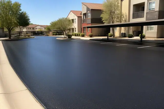 Freshly sealcoated dark asphalt parking lot at an apartment complex in Peoria, AZ.