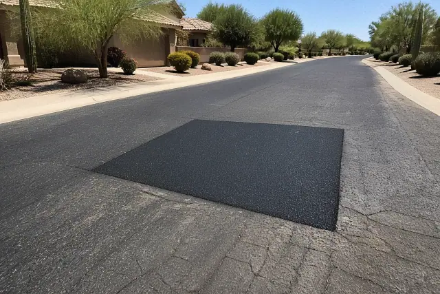 Freshly paved asphalt pothole repair on a quiet residential street in Chandler, AZ.