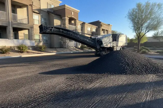 Freshly milled asphalt parking lot with a recycling machine at an apartment complex in Scottsdale, AZ.