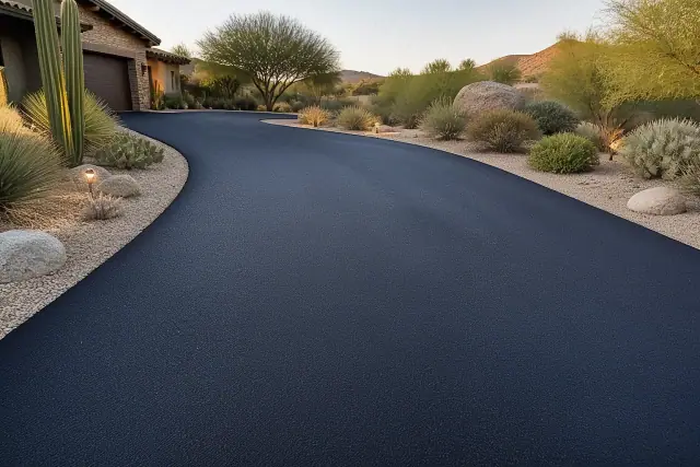 Newly resurfaced dark asphalt driveway on a desert property in Scottsdale, AZ.