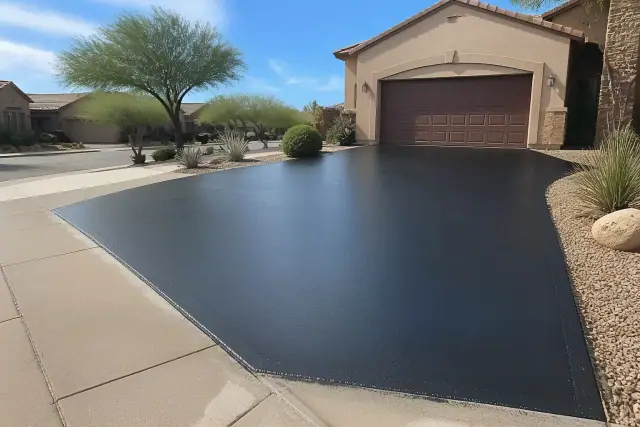 Freshly sealed dark asphalt driveway with a smooth finish in a residential neighborhood of Scottsdale, AZ.