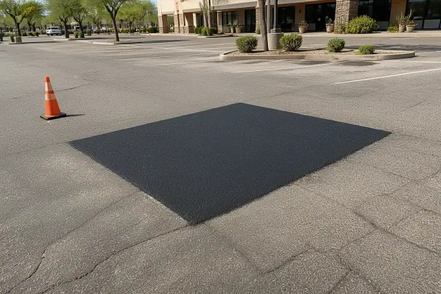Freshly paved asphalt patch in a retail center parking lot in Scottsdale, AZ.