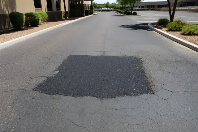 Newly repaired asphalt pothole in a commercial office drive aisle in Gilbert, AZ.