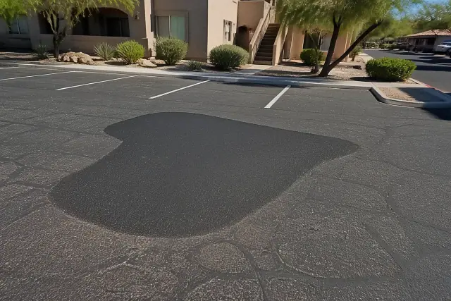 Freshly repaired asphalt pothole in an apartment complex parking lot in Scottsdale, AZ.