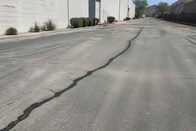 Freshly sealed asphalt crack on a warehouse loading dock in Scottsdale, AZ.
