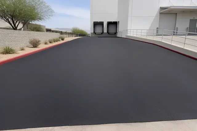Freshly sealcoated asphalt drive at a warehouse loading bay in Scottsdale, AZ.
