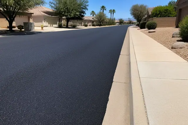 Newly sealed asphalt cracks in a large commercial parking lot in Mesa, AZ.