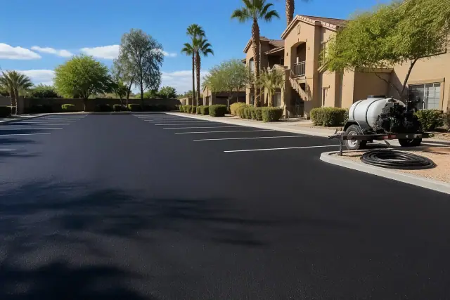 Freshly applied black asphalt sealcoating with bright white parking lines in a Scottsdale, AZ apartment parking lot.
