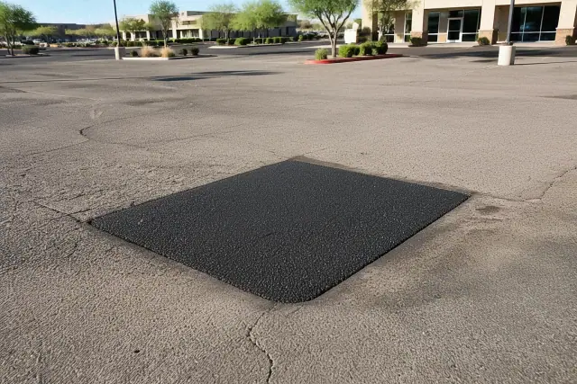 Freshly paved asphalt patch in a retail center parking lot in Scottsdale, AZ.