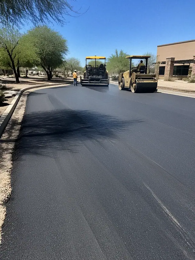 Construction crew paving a retail parking lot with fresh asphalt in Scottsdale, AZ.