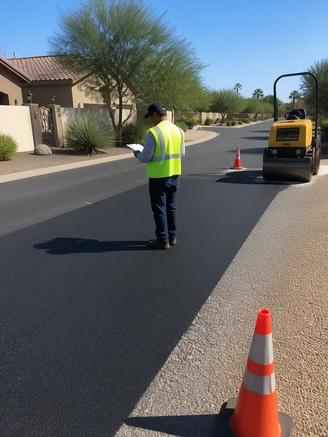 Technician inspecting freshly sealed asphalt on a residential street in Scottsdale, AZ.